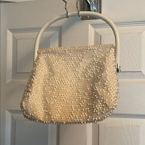 Vintage Beaded Pearl-Accent Cream Evening Bag